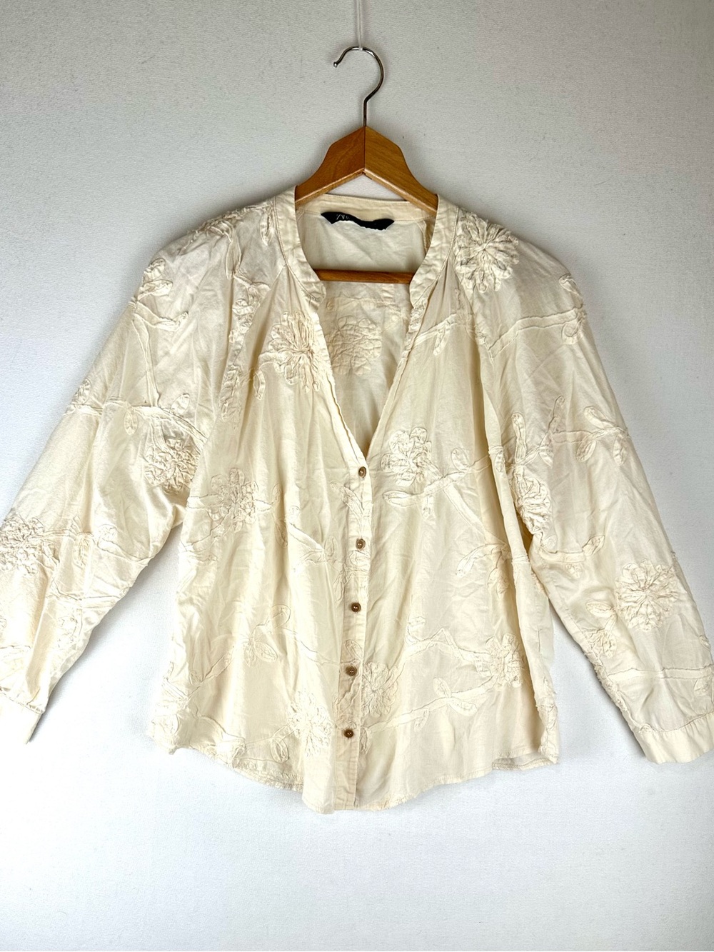 Zara Embroidered Tonal Floral Blouse Boho Tunic Neutral